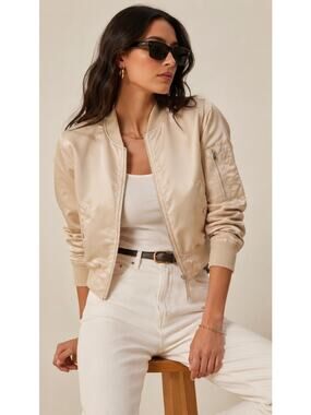 Rag & Bone XS Champagne Satin Bomber Jacket Lightweight Cropped Layering Piece